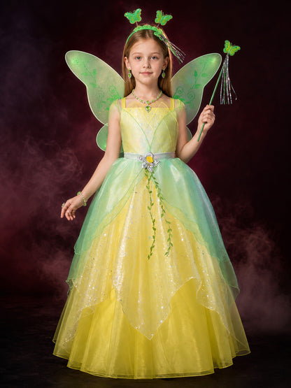 Girls Tiana Princess Costume Dress Set with Butterfly Wings and Sparkly Details main product view