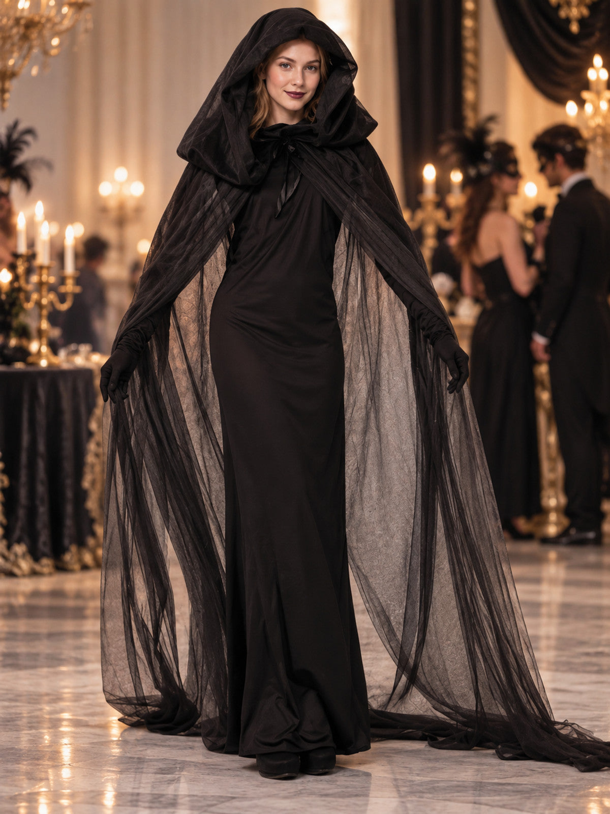 Black Ghost Carnival Costume with Hood and Dress