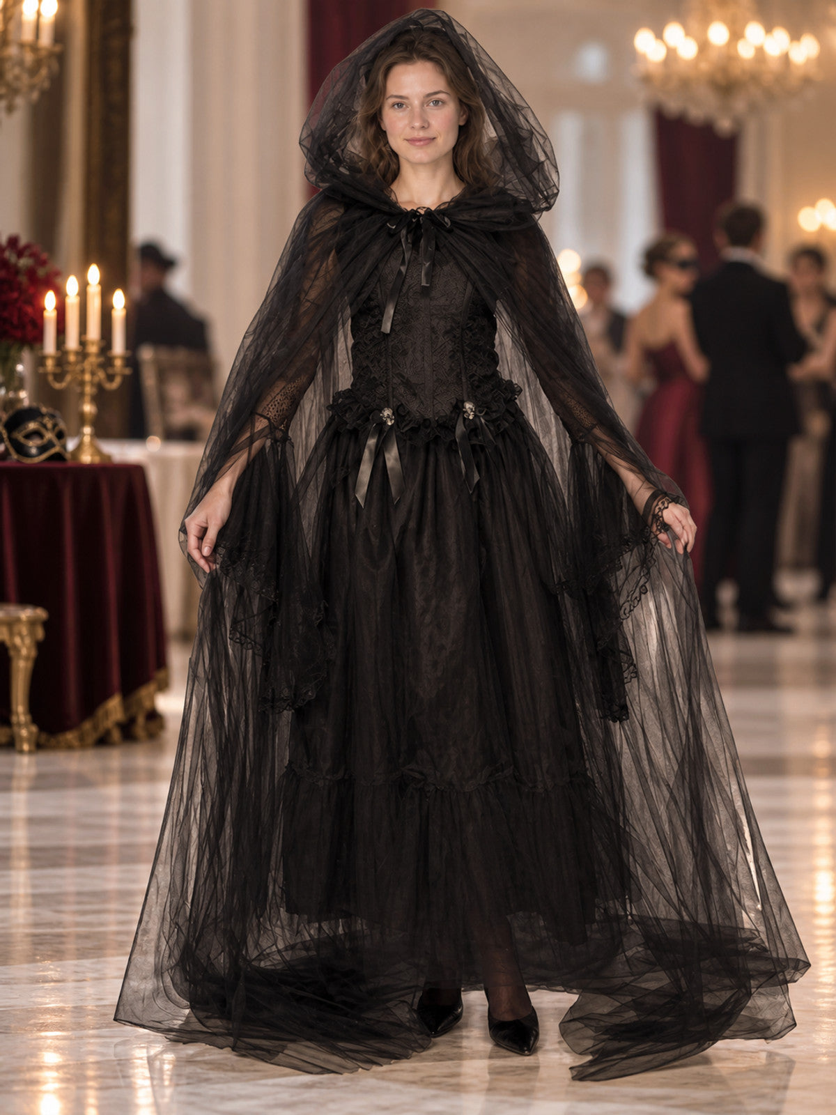 Black Vampire Costume with Veil and Sleeves