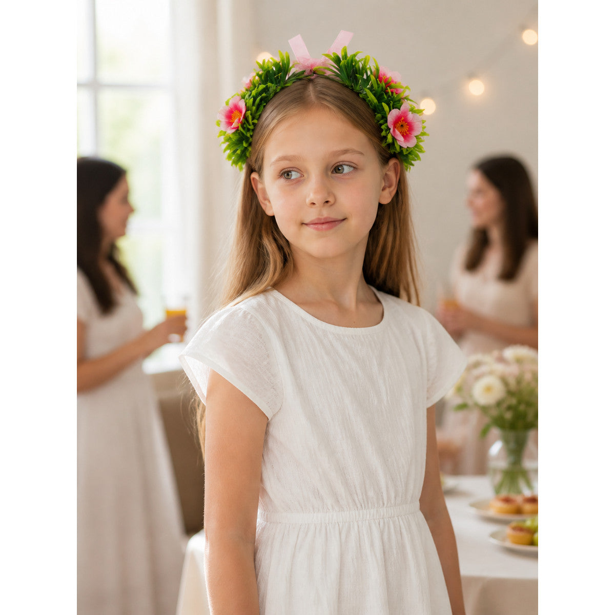 Carnival Headband with Pink Flowers and Green Leaves lifestyle view