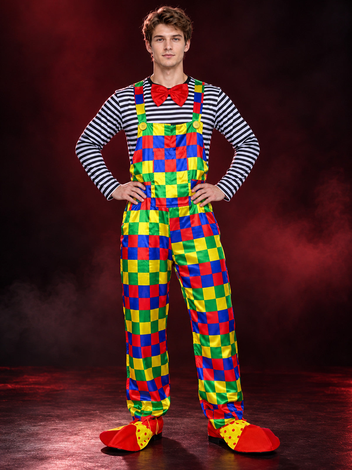 Adult Clown Costume: Top, Jumpsuit, Bow Tie