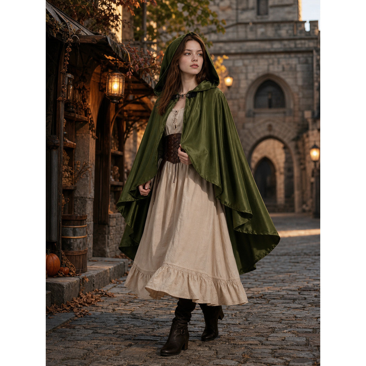 Green hooded cloak with flowing layered edges, shown on a model in a medieval-style cobblestone street scene