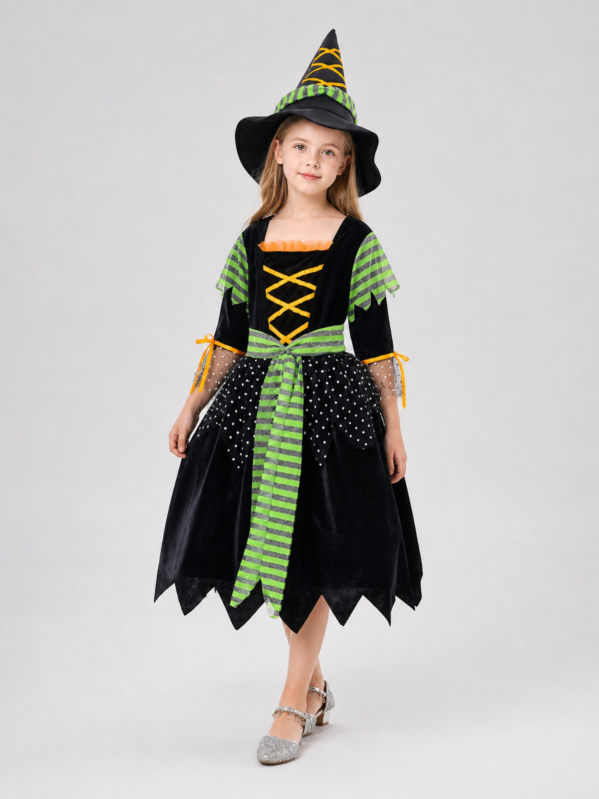 Witch Costume with Pointed Hat and Striped Dress Costume Dresses detail