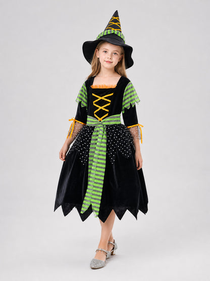Witch Costume with Pointed Hat and Striped Dress Costume Dresses detail