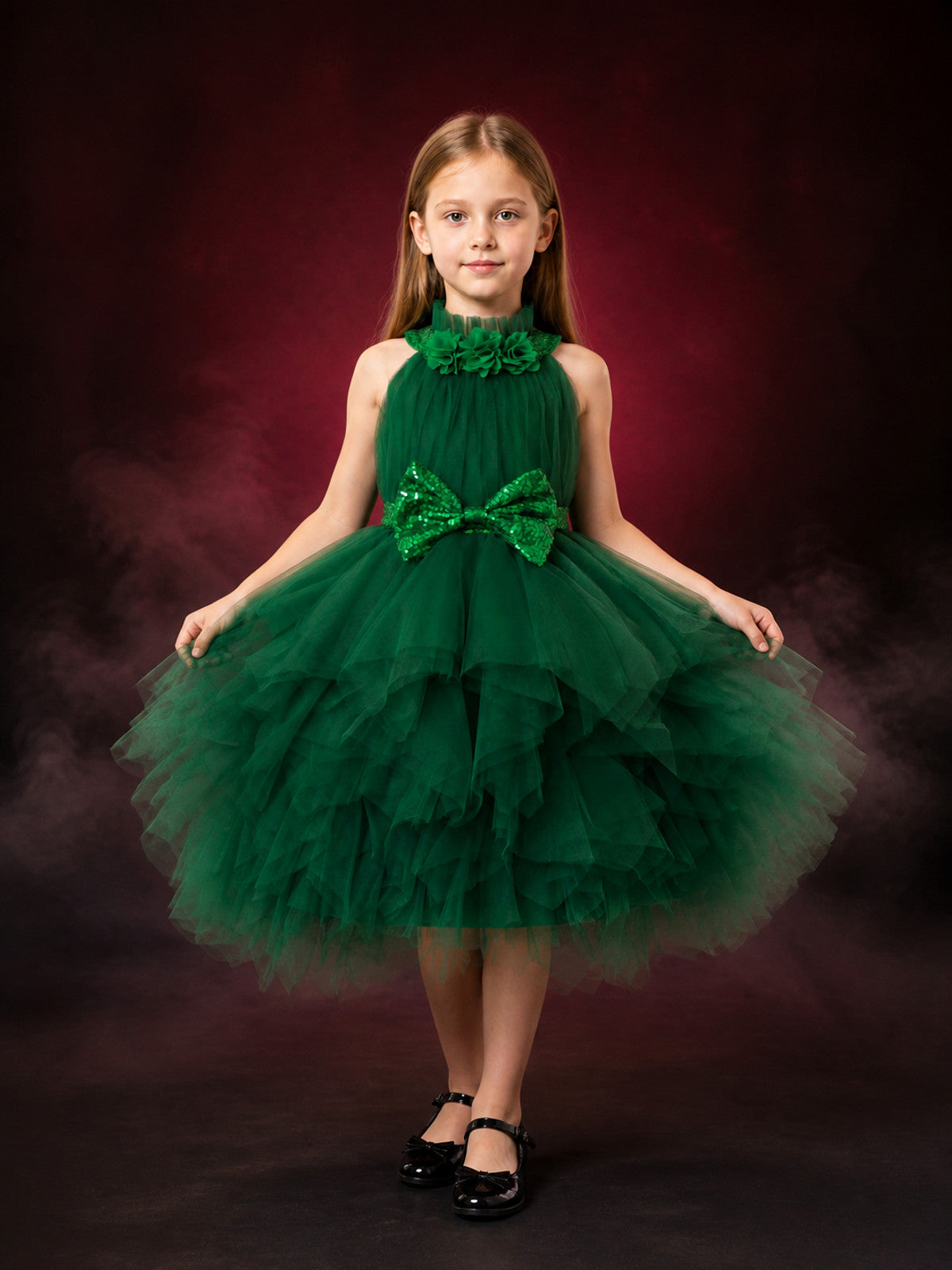 Girls' Christmas Princess Dress, Dark Green Sequined Bow, Layered Tulle Skirt main product view