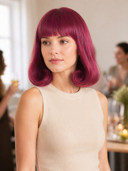 Medium-Length Burgundy Costume Wig with Bangs lifestyle view