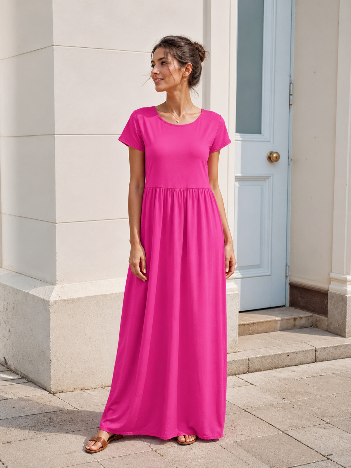 Women's Long Dress with Short Sleeves and Pleats Costume Dresses detail