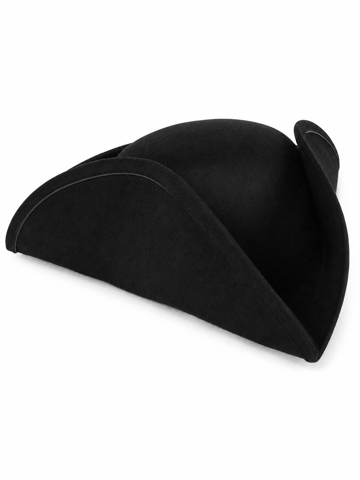 Black tricorn hat shown alone in a three-quarter product view, with curved side flaps and a soft fabric texture