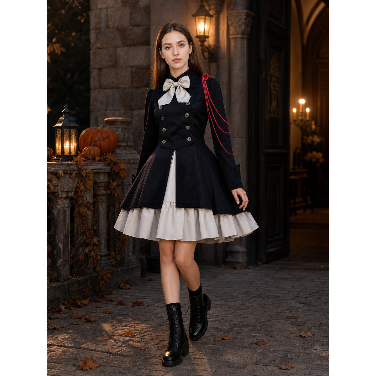 Gothic Dress with Double Rows of Buttons and a Bow
