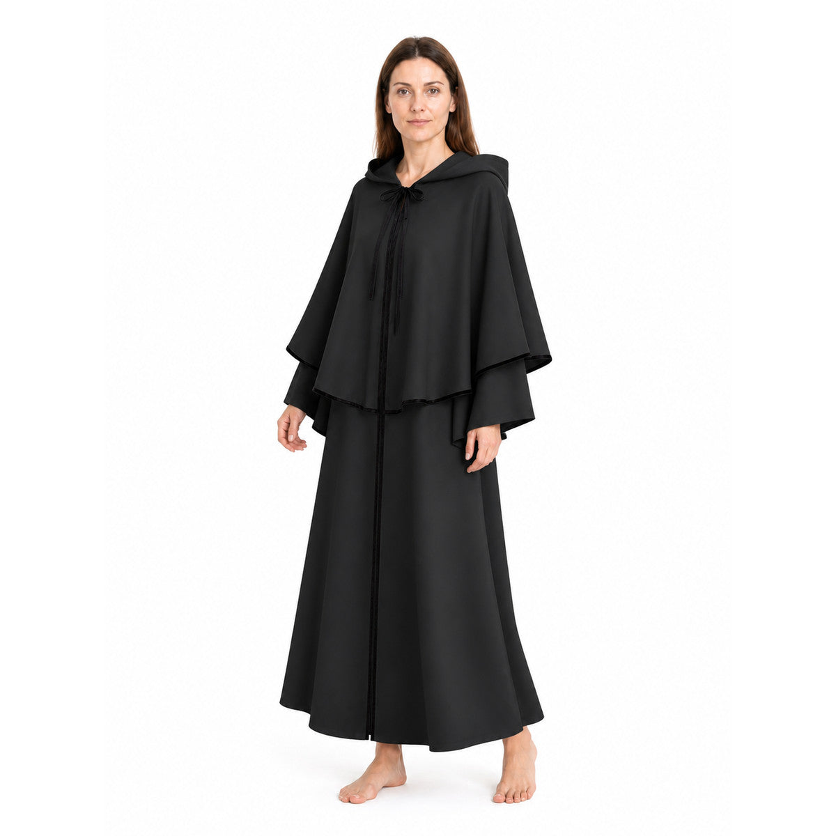 Long Black Hooded Cloak for Halloween Costume Capes detail