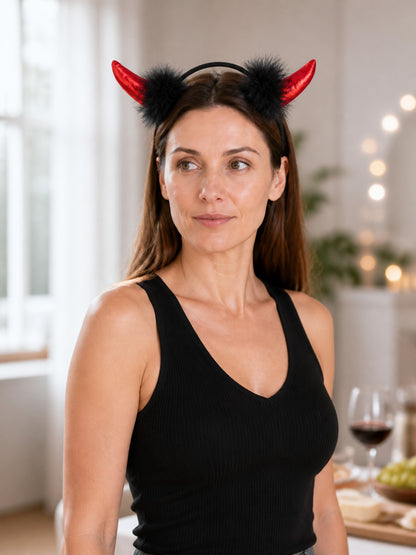 Carnival Headband with Curved Horns, Red and Black lifestyle view