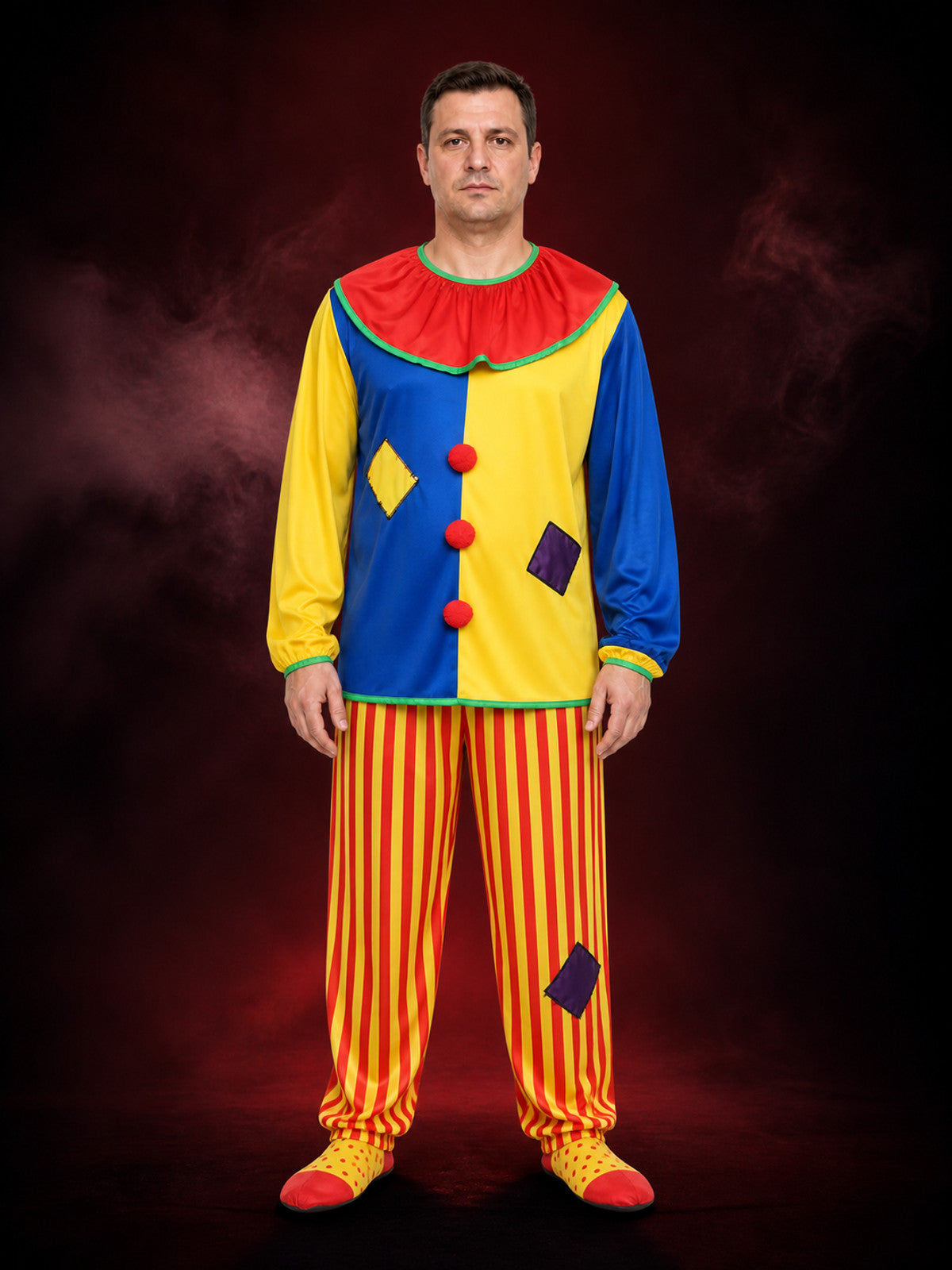 Adult Unisex Clown Costume Set, Colorful Striped Top and Pants, Circus Halloween