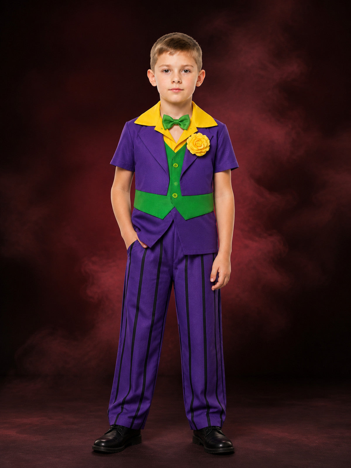 Kids Clown Costume Set, Purple Striped Pants, Yellow Rose Brooch and Bow Tie