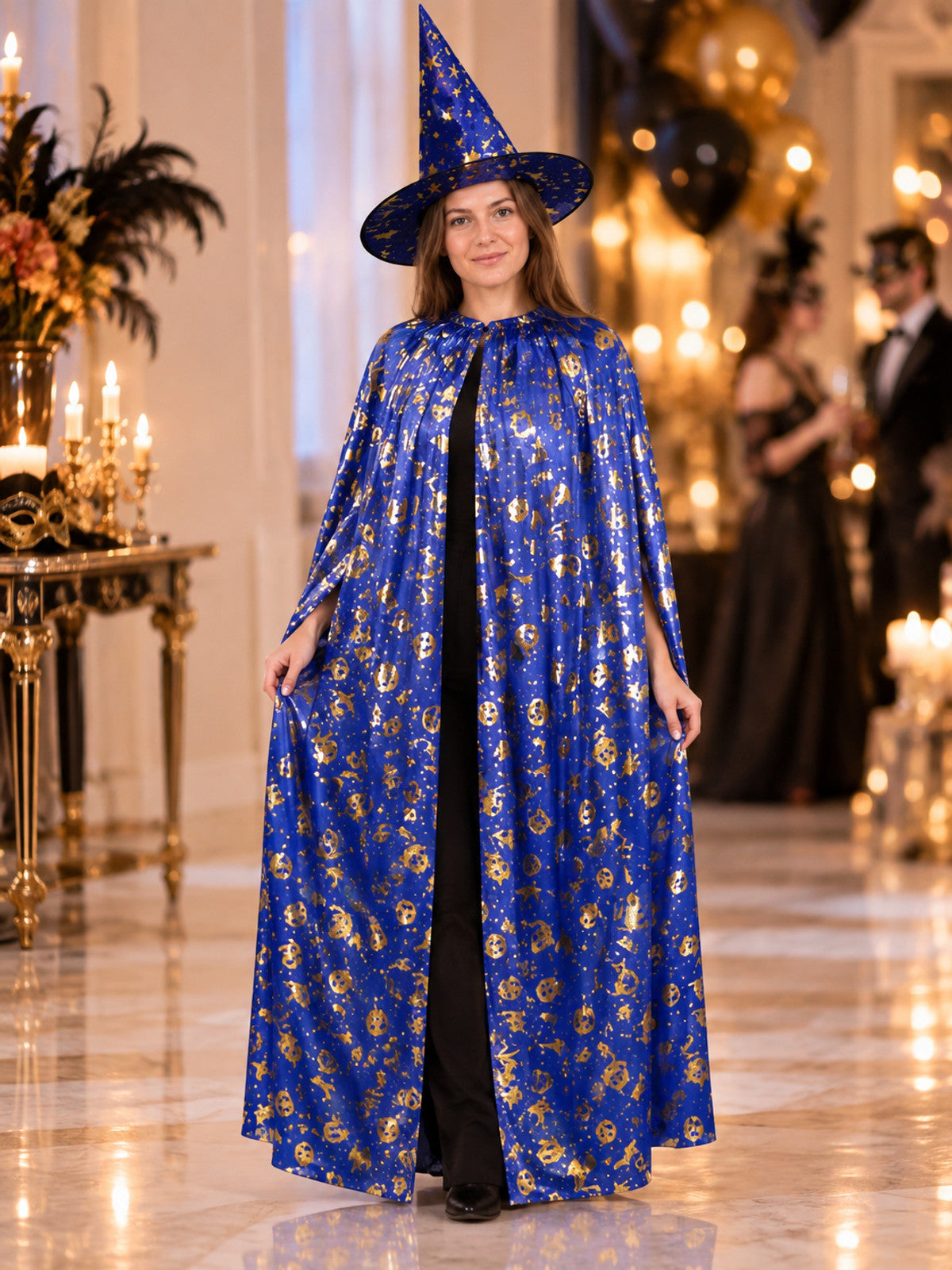 Carnival costume with floor-length cape and hat, blue