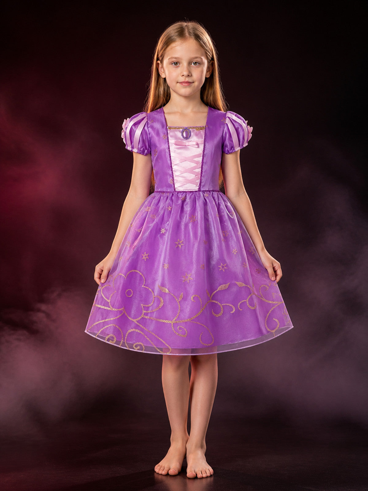 Girls Princess Puff Sleeve Tulle Dress Costume, Star and Floral Print, Halloween