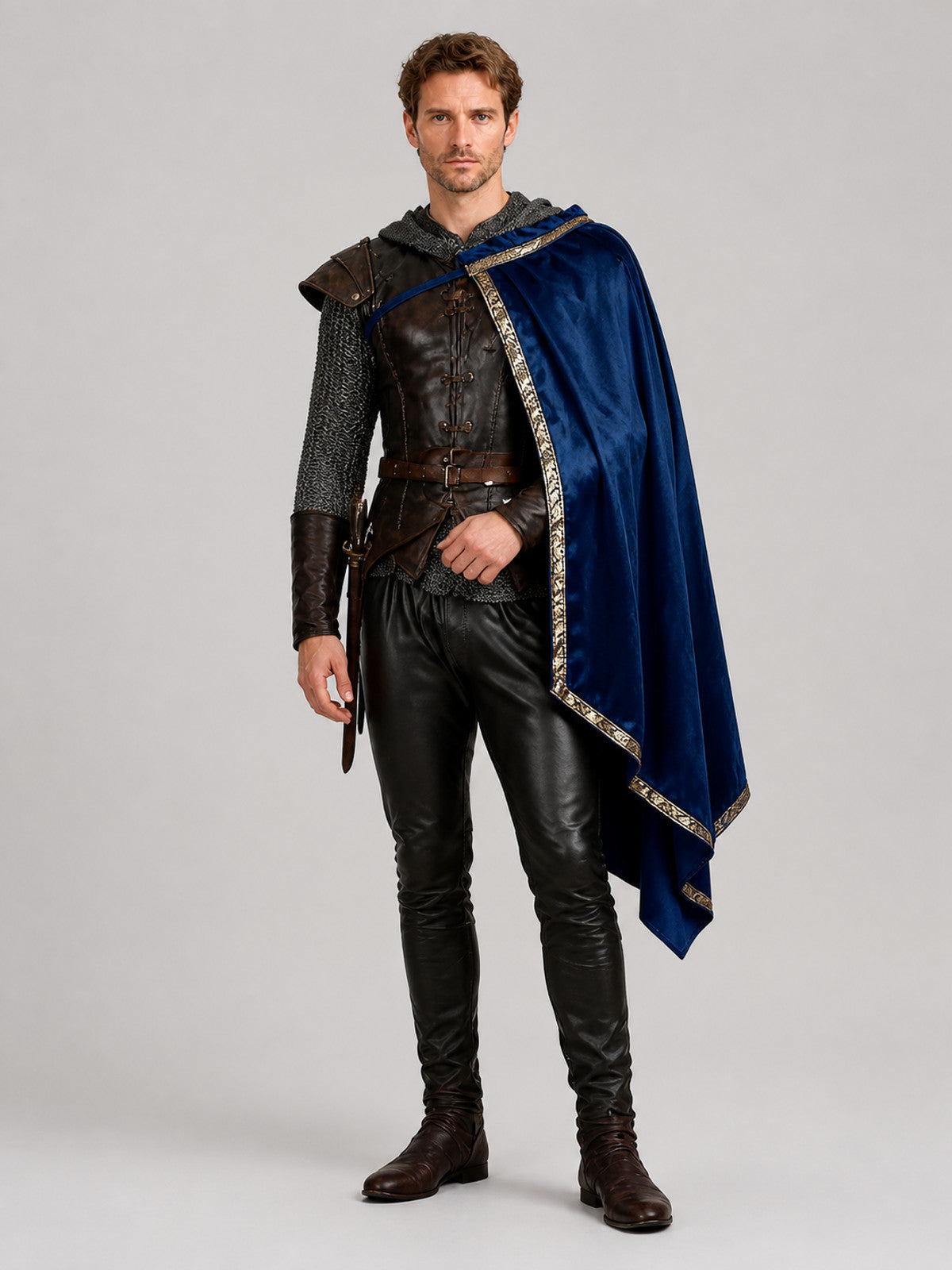 Blue velvet-look cape with gold patterned edging, shown full length on a man in a dark costume