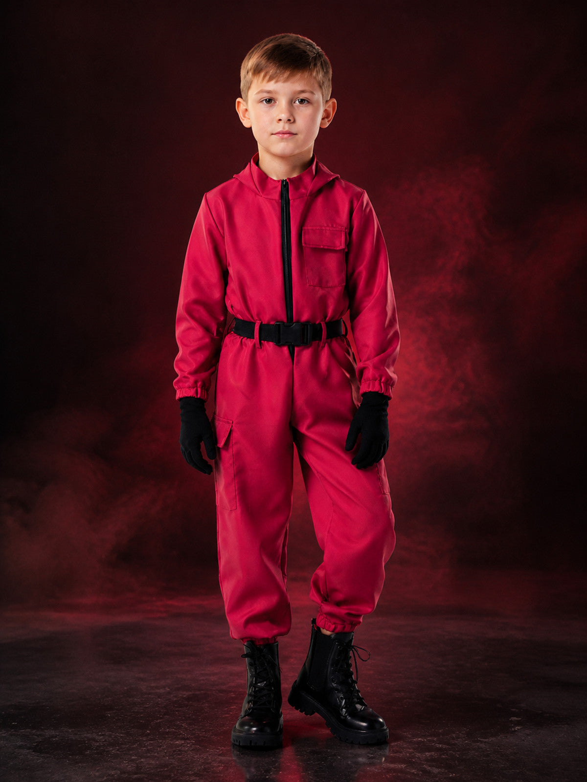 Red Character Workwear Jumpsuit Costume with Belt and Zipper, Halloween Outfit main product view