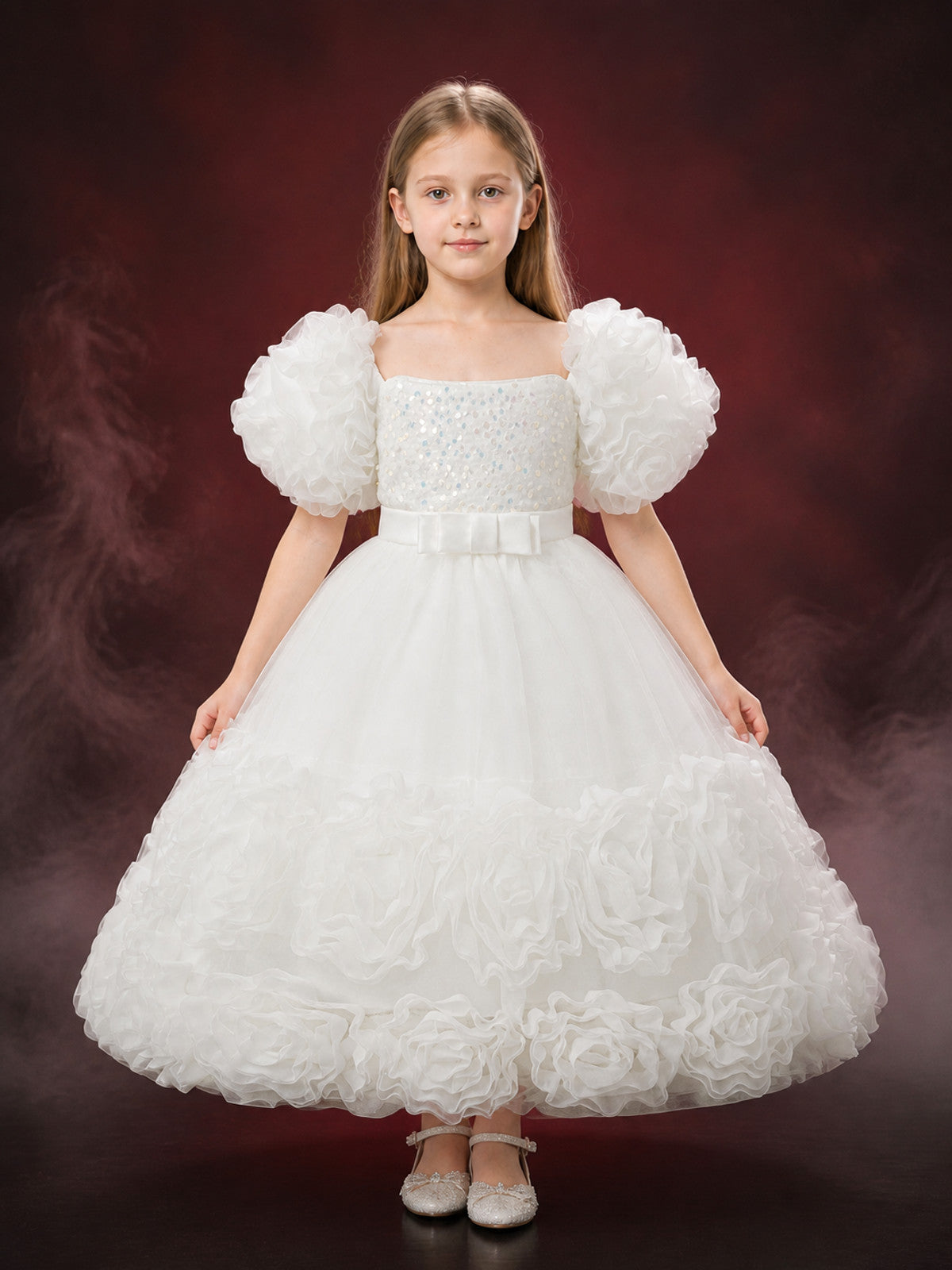 Toddler Girls' White Sequined Princess Dress with Ruffled Skirt and Bow main product view