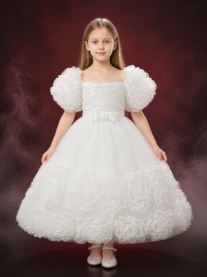 Toddler Girls' White Sequined Princess Dress with Ruffled Skirt and Bow main product view