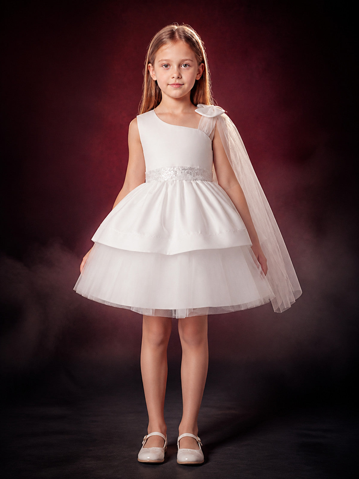 Toddler Girls' White Princess Party Dress, Sequined Bow One-Shoulder Layered main product view
