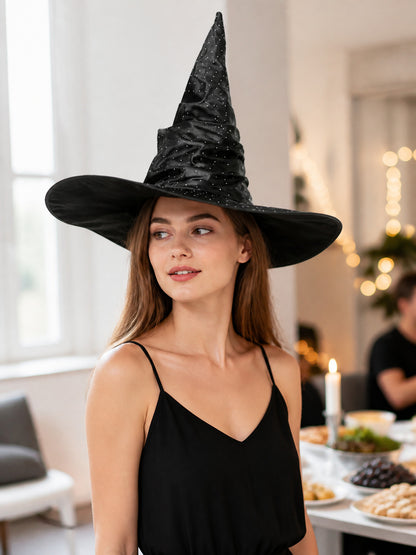 Black Carnival Witch Hat with Silver Decorations