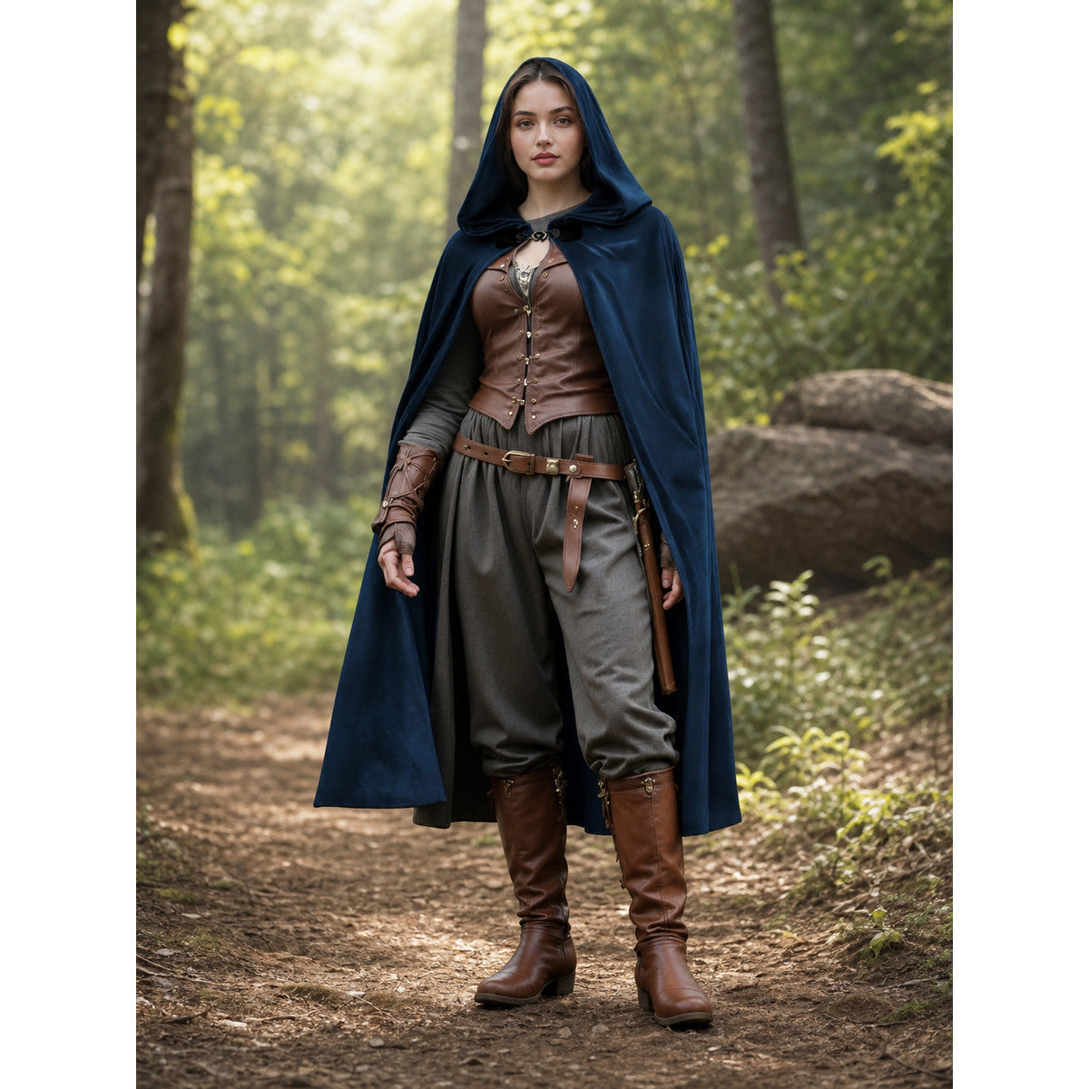 Navy hooded cape worn over a brown vest, gray trousers, and brown boots in a forest setting