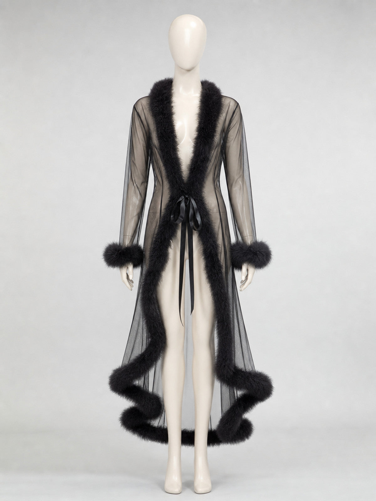 Long Robe with Open Front and Fluffy Trim