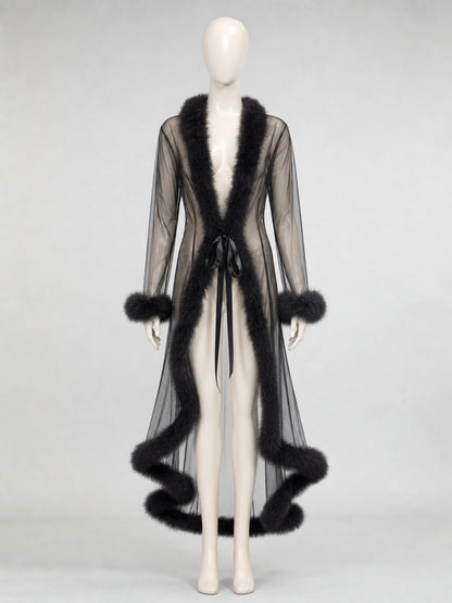 Long Robe with Open Front and Fluffy Trim