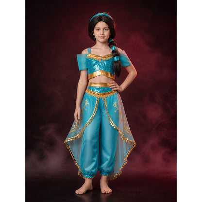 Girls' Arabian Princess Sequin Halloween Costume Set With Top, Pants And Wig main product view