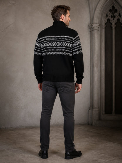Retro Nordic Black Knit Sweater with Stand Collar, Half-Zip, and White Diamond