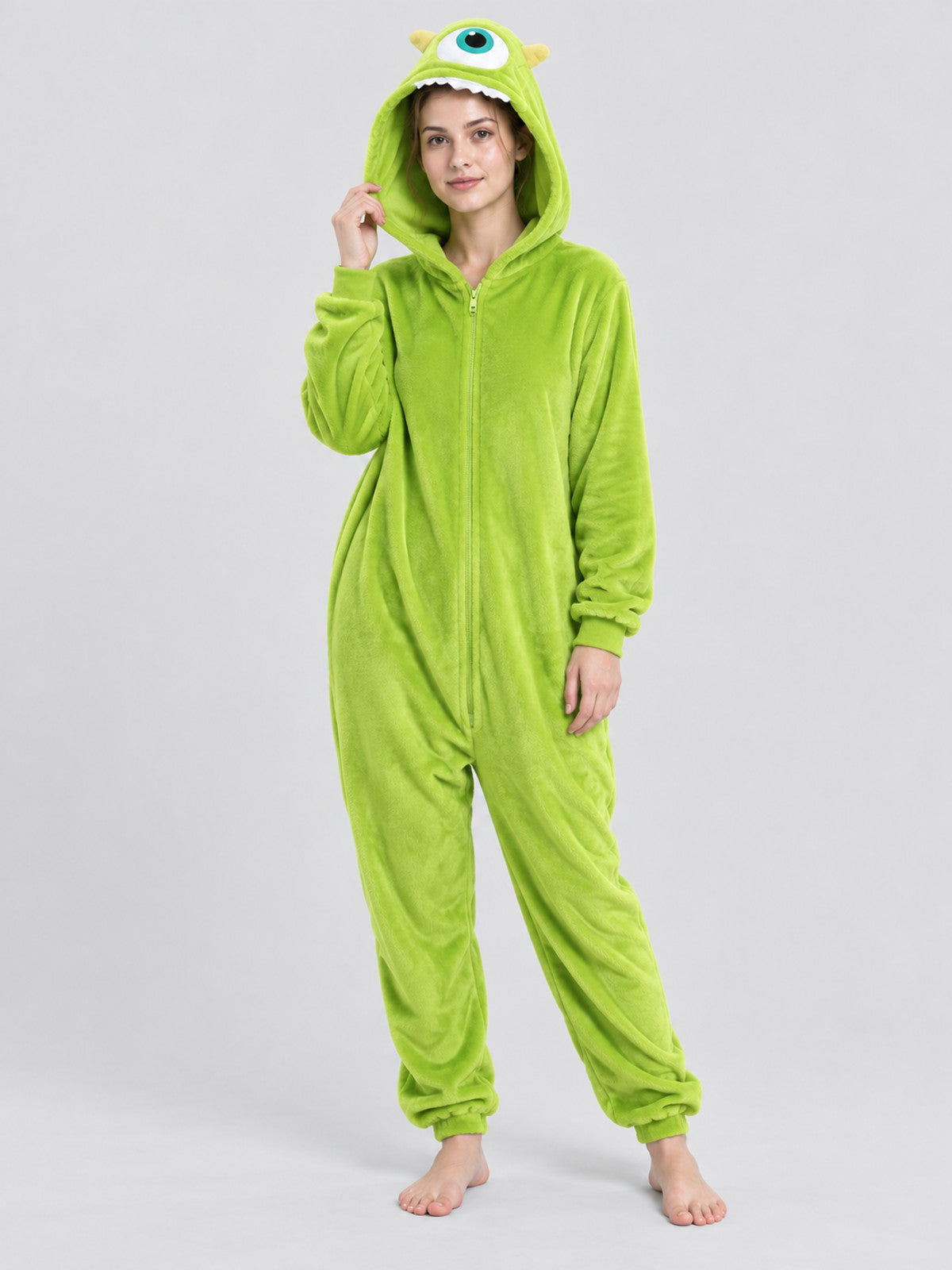 Green Plush Hooded Zip Pajama Jumpsuit