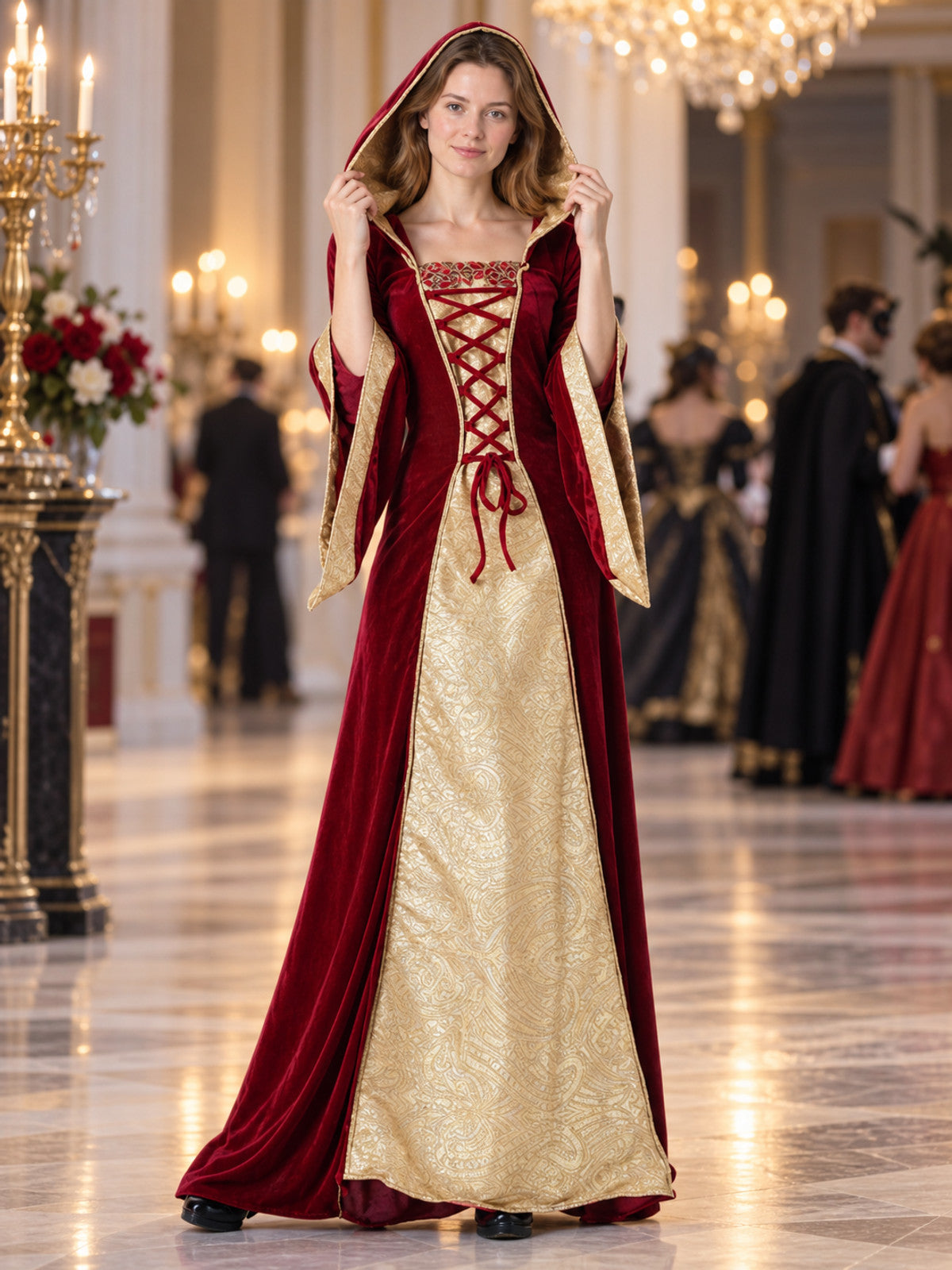 Long Burgundy and Gold Carnival Dress with Hood