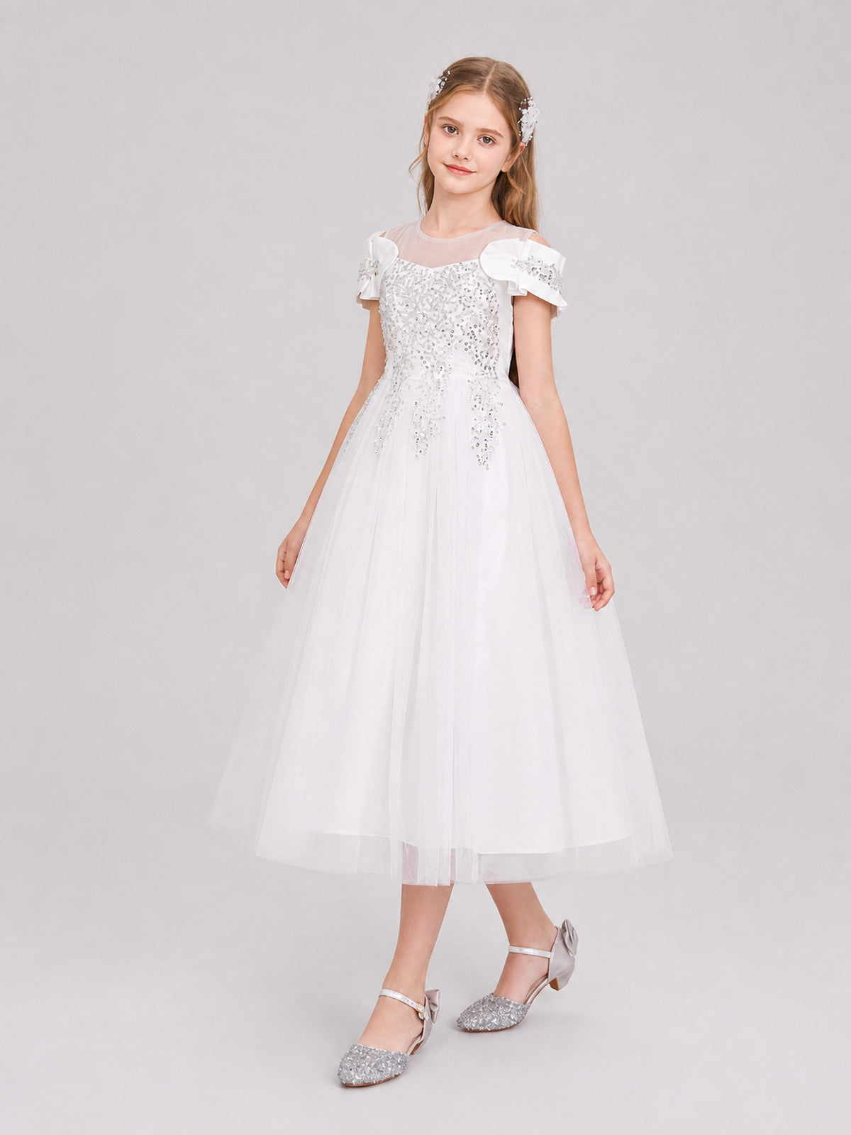 Girls' White Long Princess Dress with Sequins Costume Dresses detail