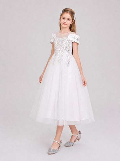 Girls' White Long Princess Dress with Sequins Costume Dresses detail