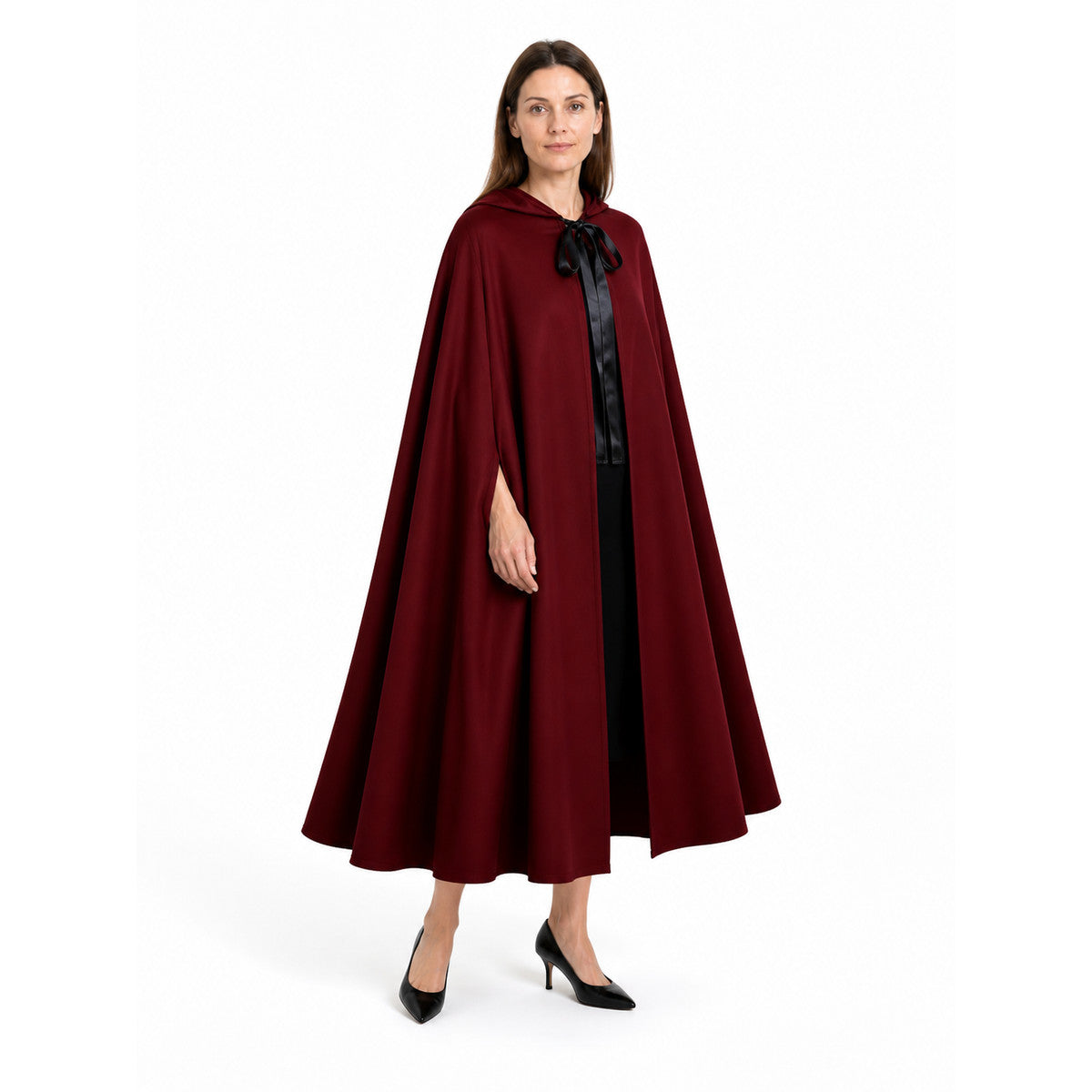 Wine-Colored Hooded Cape with Black Ties for Halloween on-model front view