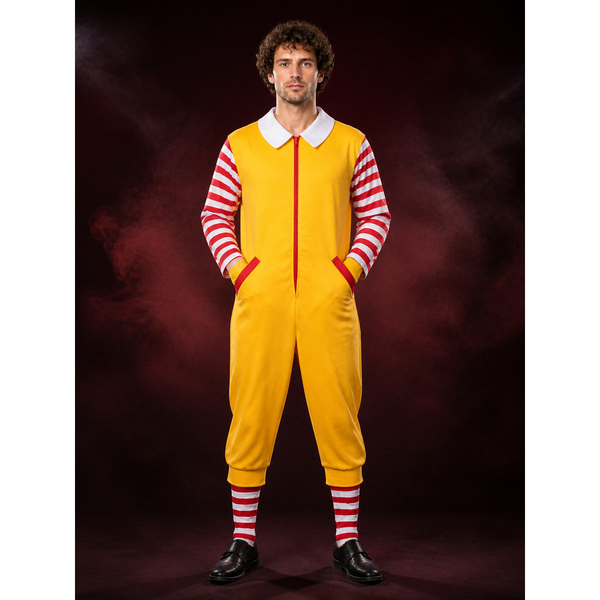 Halloween Clown Jumpsuit Costume, Orange-Yellow with Red and White Striped main product view