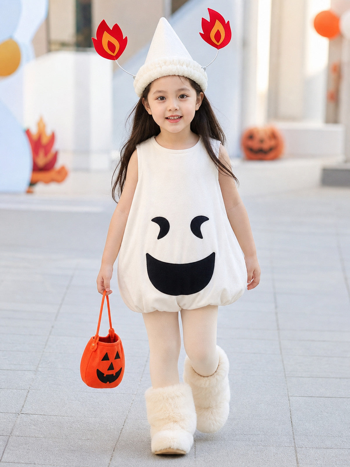 Halloween ghost costume with a hat and bag lifestyle view