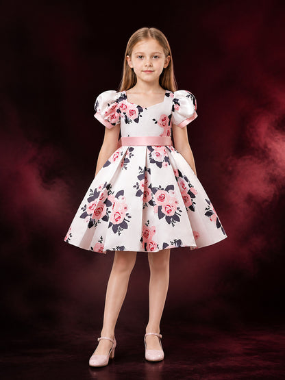 Girls' Princess Dress, White Floral Gown with Puff Sleeves and Pink Waist Belt main product view