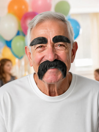 Close-up of an older man wearing a black fake moustache and thick eyebrows, with colorful balloons visible behind him
