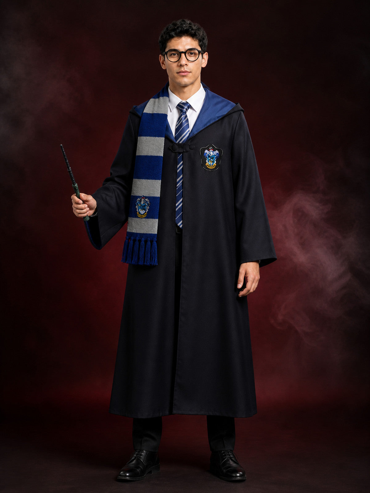 Wizard Robe Costume Set with House Crest, Stripe Tie, Scarf, Glasses & Magic main product view