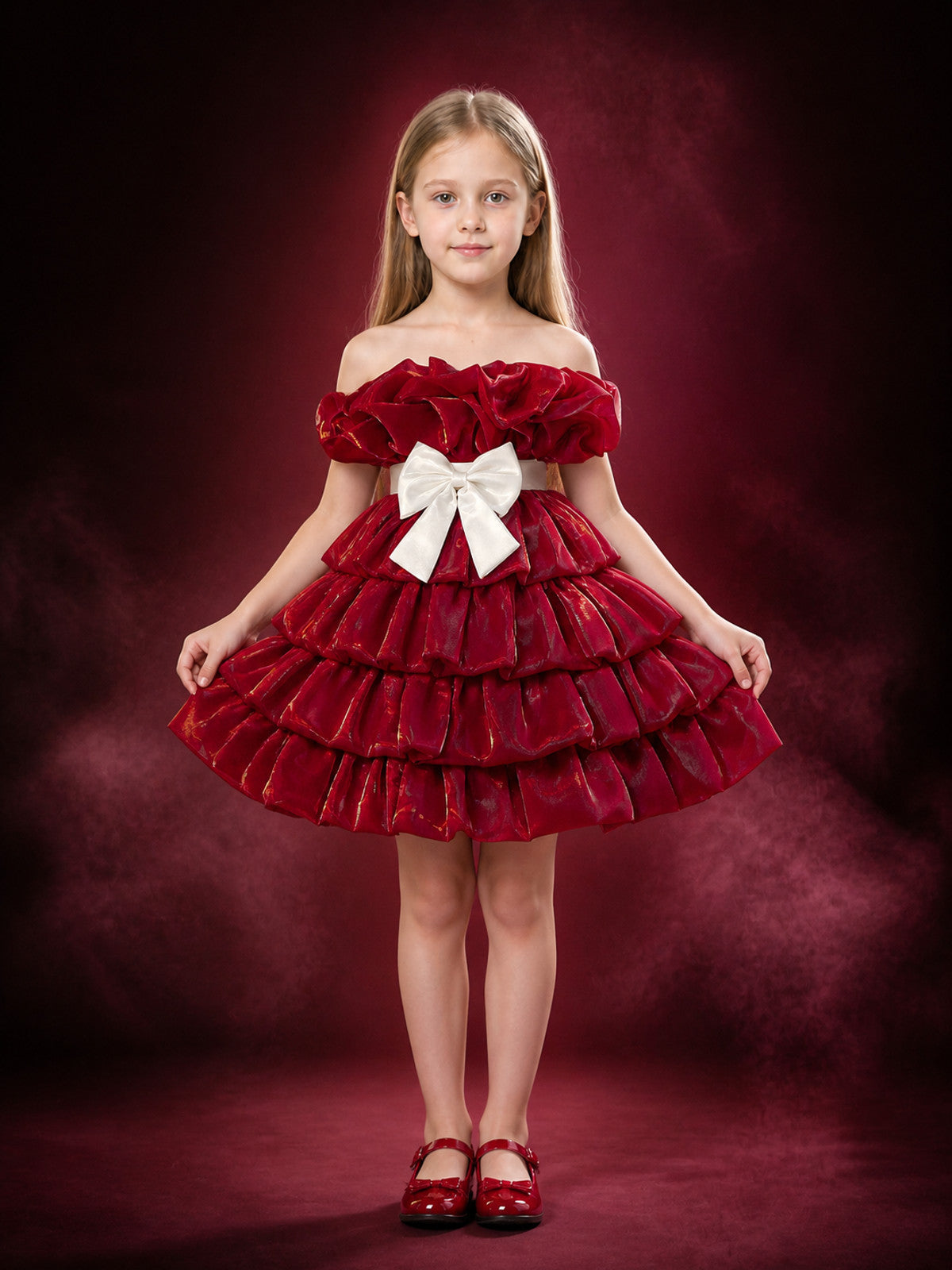 Baby Girls' Maroon Princess Dress with Layered Ruffle Skirt and White Bow main product view