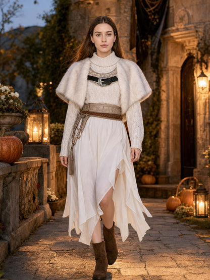 White Fantasy Character Style Shawl, Single-Piece Wide Shoulder Wrap With Fluffy