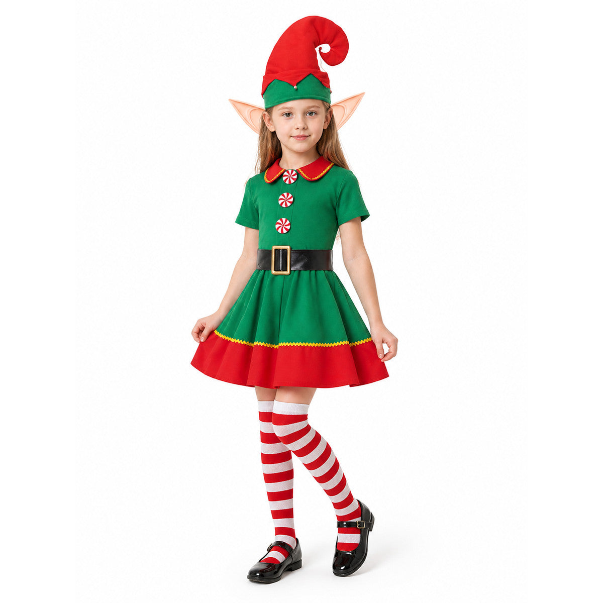 Christmas Elf Costume with Hat and Striped Knee-High Socks Costume Headwear detail