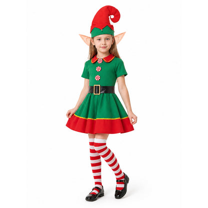 Christmas Elf Costume with Hat and Striped Knee-High Socks Costume Headwear detail