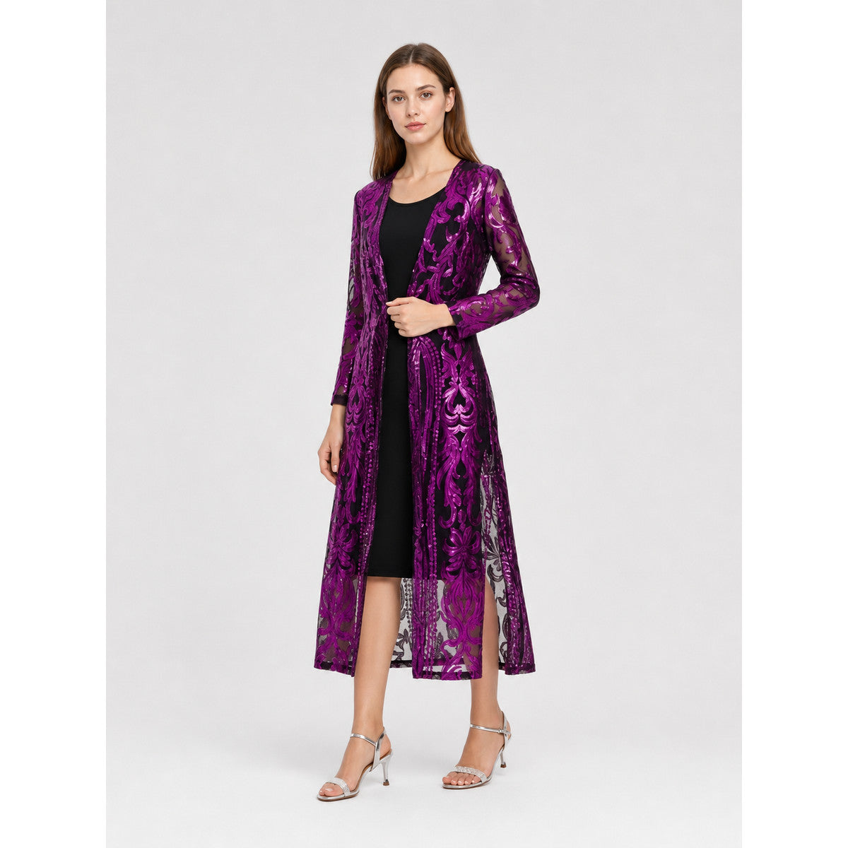 Long Sequin Dress with Sheer Hem
