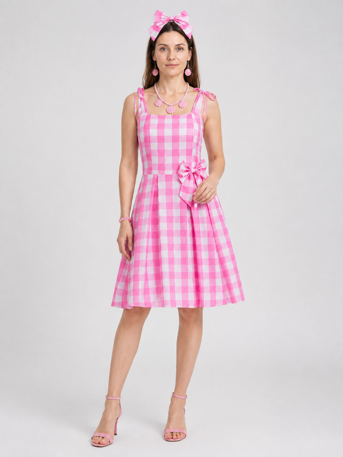 Barbie Cosplay Set: Pink and White Checkered Dress Costume Dresses detail