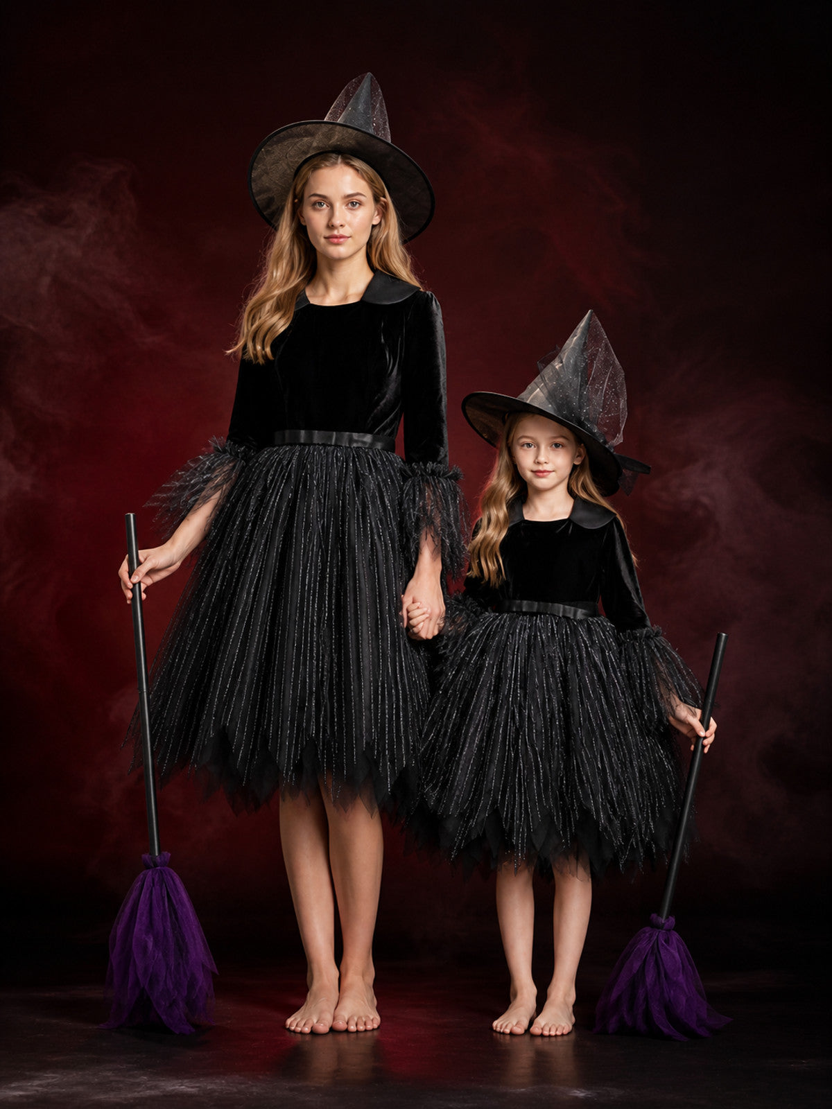 Women & Kids Witch Costume Dress, Black Stripe Halloween Outfit