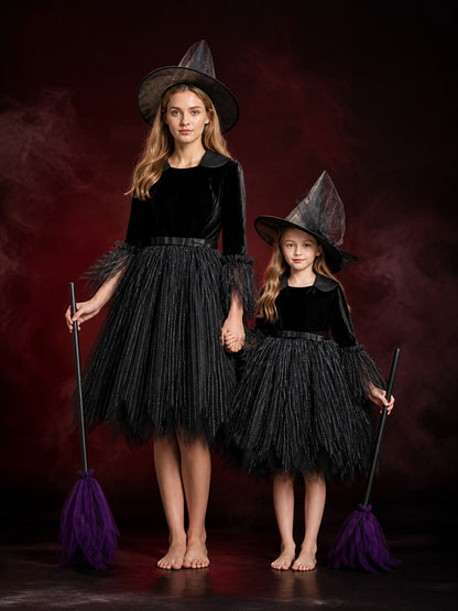 Women & Kids Witch Costume Dress, Black Stripe Halloween Outfit