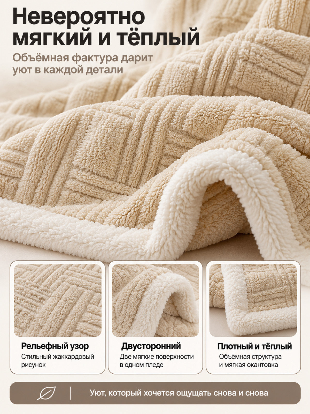 Reversible Beige Milk Velvet Blanket with Pattern