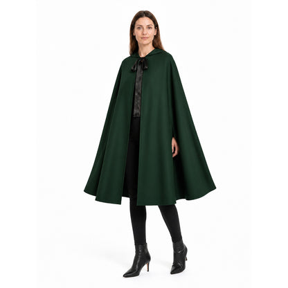 Green Medieval Hooded Cloak for Halloween on-model front view